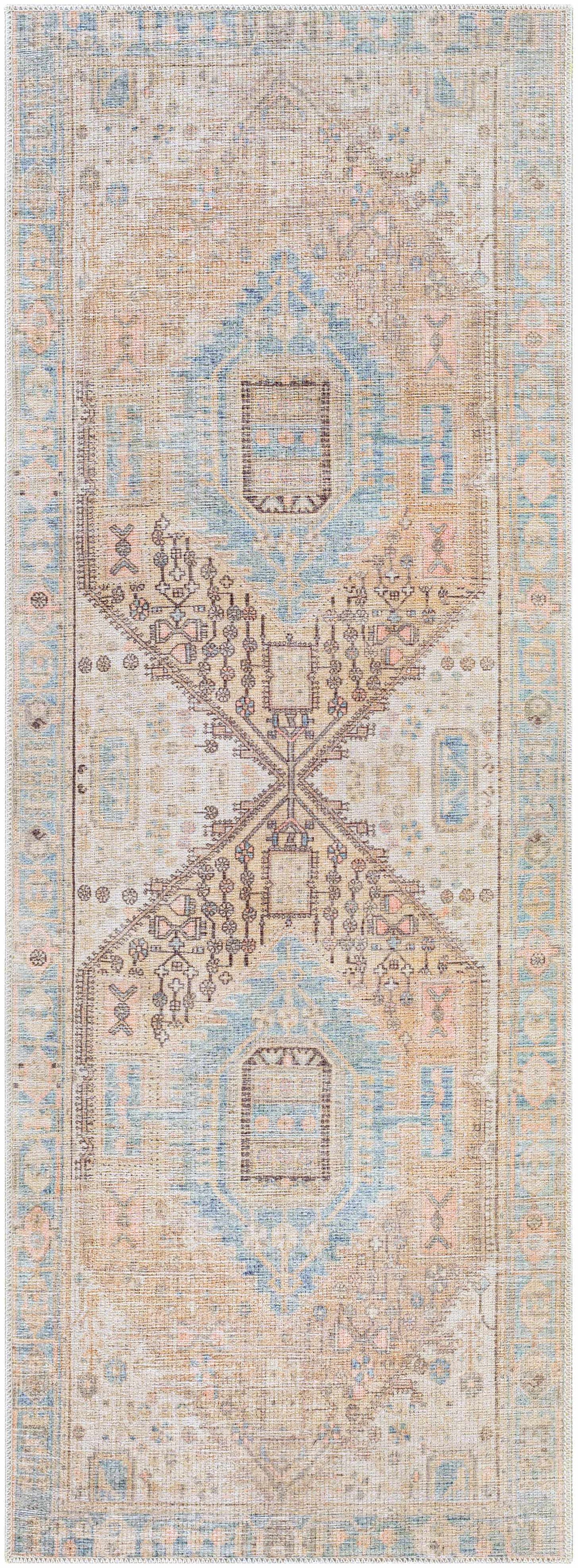 Light Brown and Blue Baloy Washable Area Rug - 2’7’’ x 7’3’’ Runner - Boutique Rugs