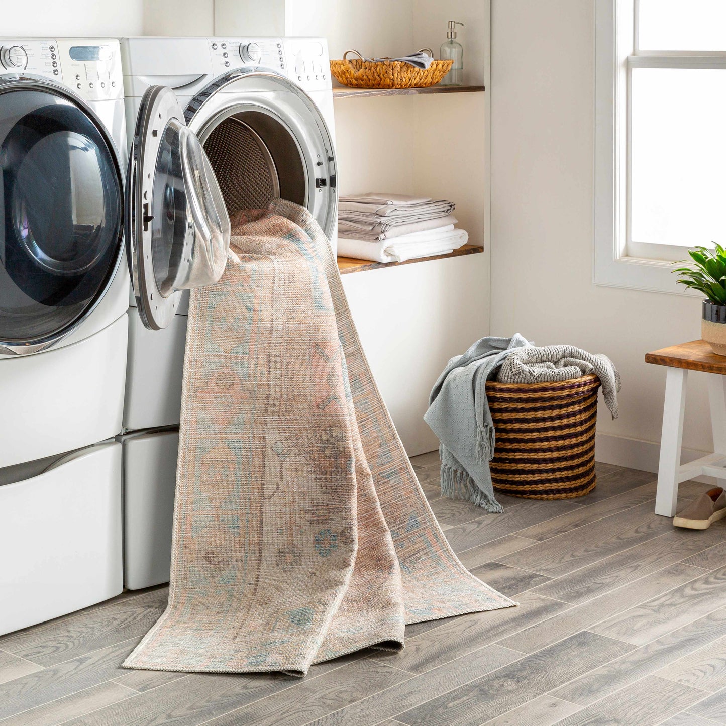 Light Brown and Blue Baloy Washable Area Rug - Boutique Rugs