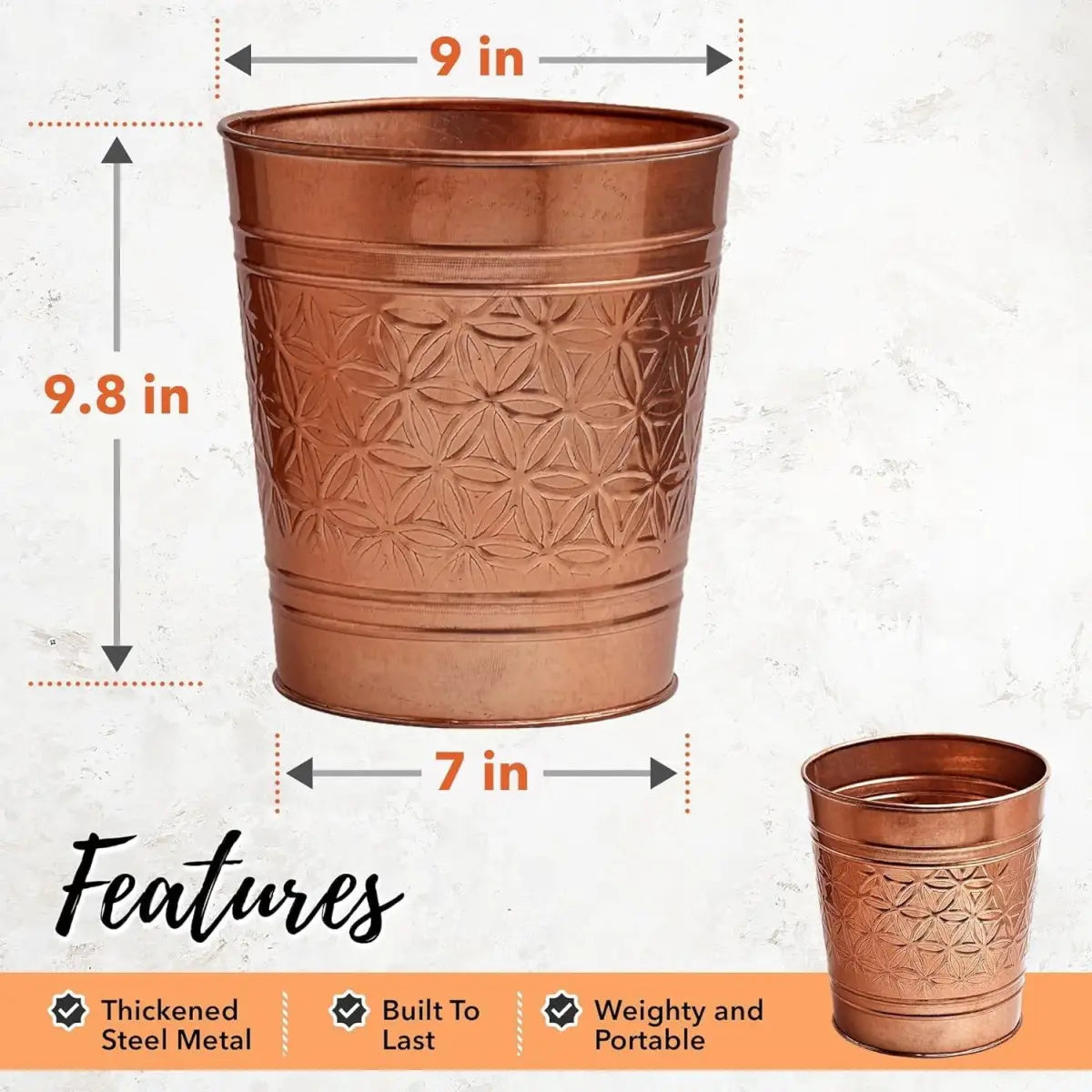 Bathroom Bedroom Metal Trash Can Waste Basket in Copper Finish - HomePacific