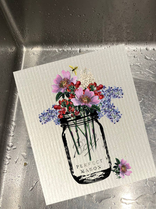 Swedish Dishcloth - Ball Jar Bouquet with Bee - set of 2 - Knollwood Lane