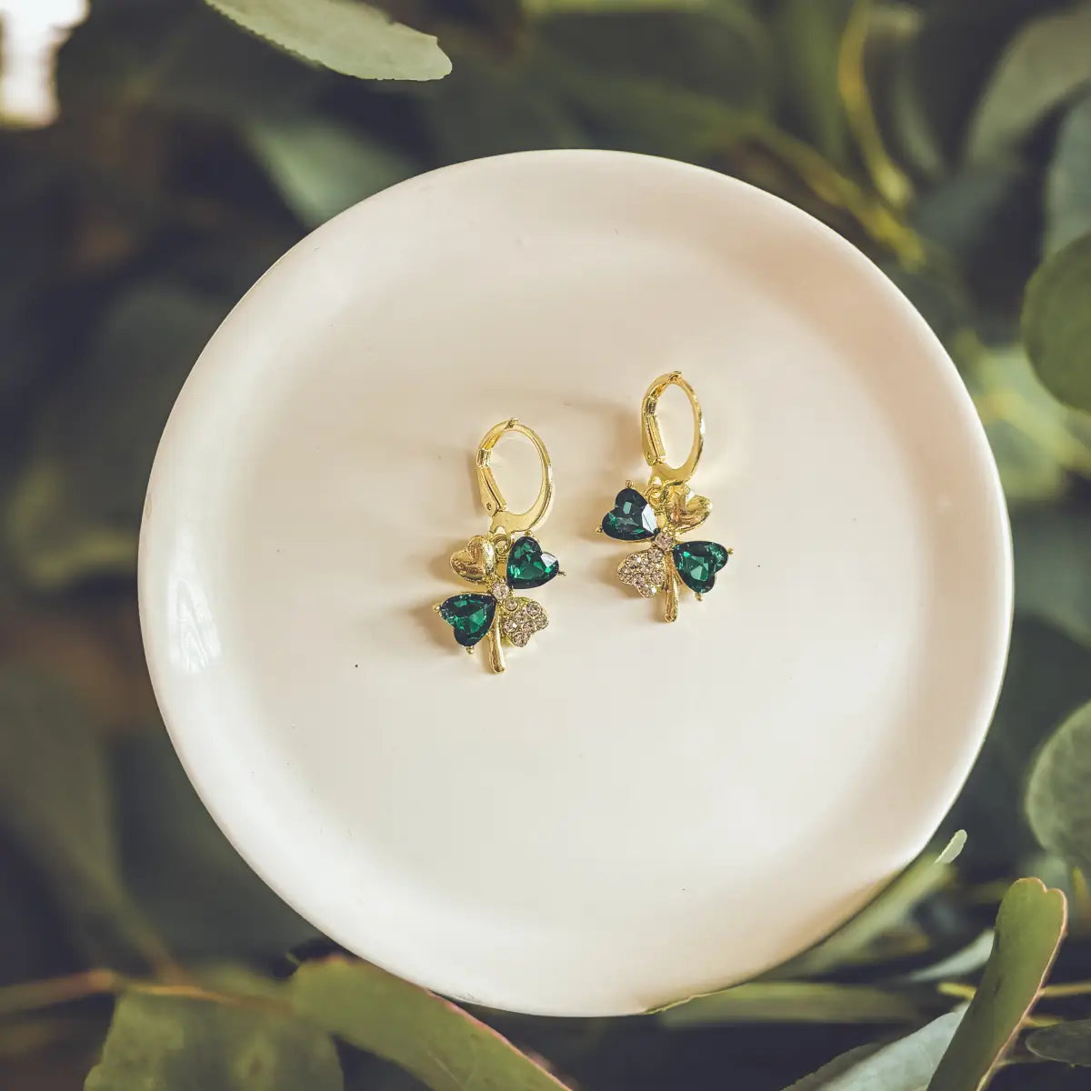 Gold and Emerald Shamrock Earrings - Rooted Home Goods