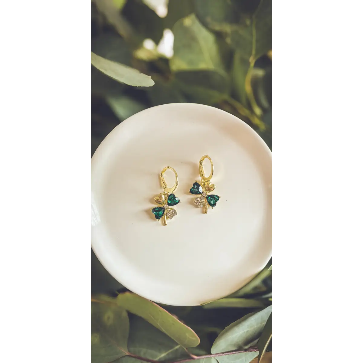 Gold and Emerald Shamrock Earrings - Rooted Home Goods