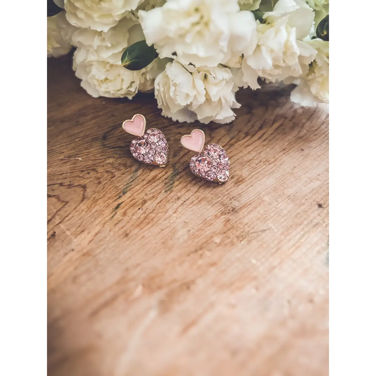 Gold and Pink Crystal Heart Earrings - Rooted Home Goods