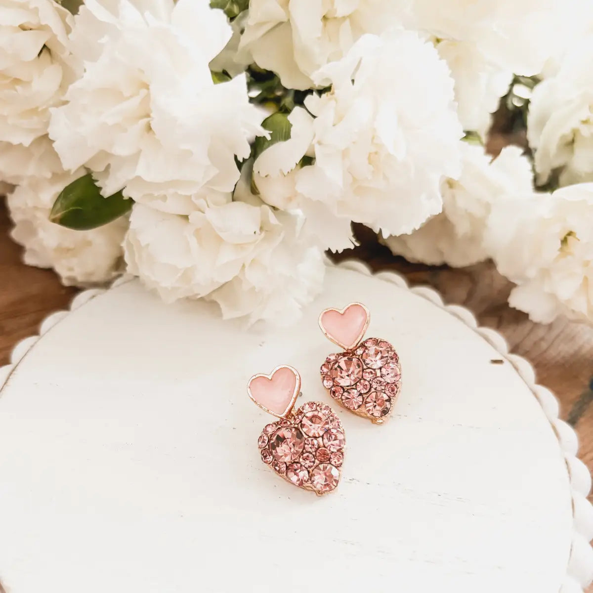 Gold and Pink Crystal Heart Earrings - Rooted Home Goods