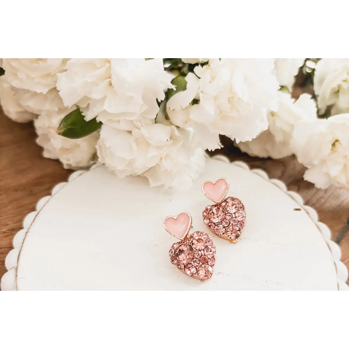Gold and Pink Crystal Heart Earrings - Rooted Home Goods