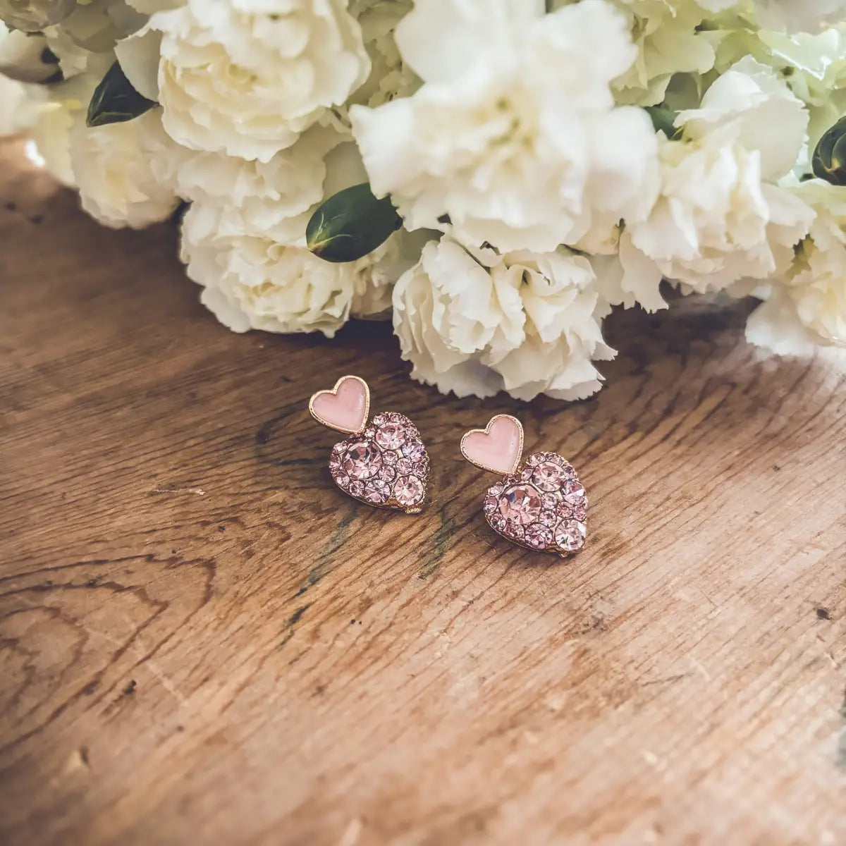 Gold and Pink Crystal Heart Earrings - Rooted Home Goods