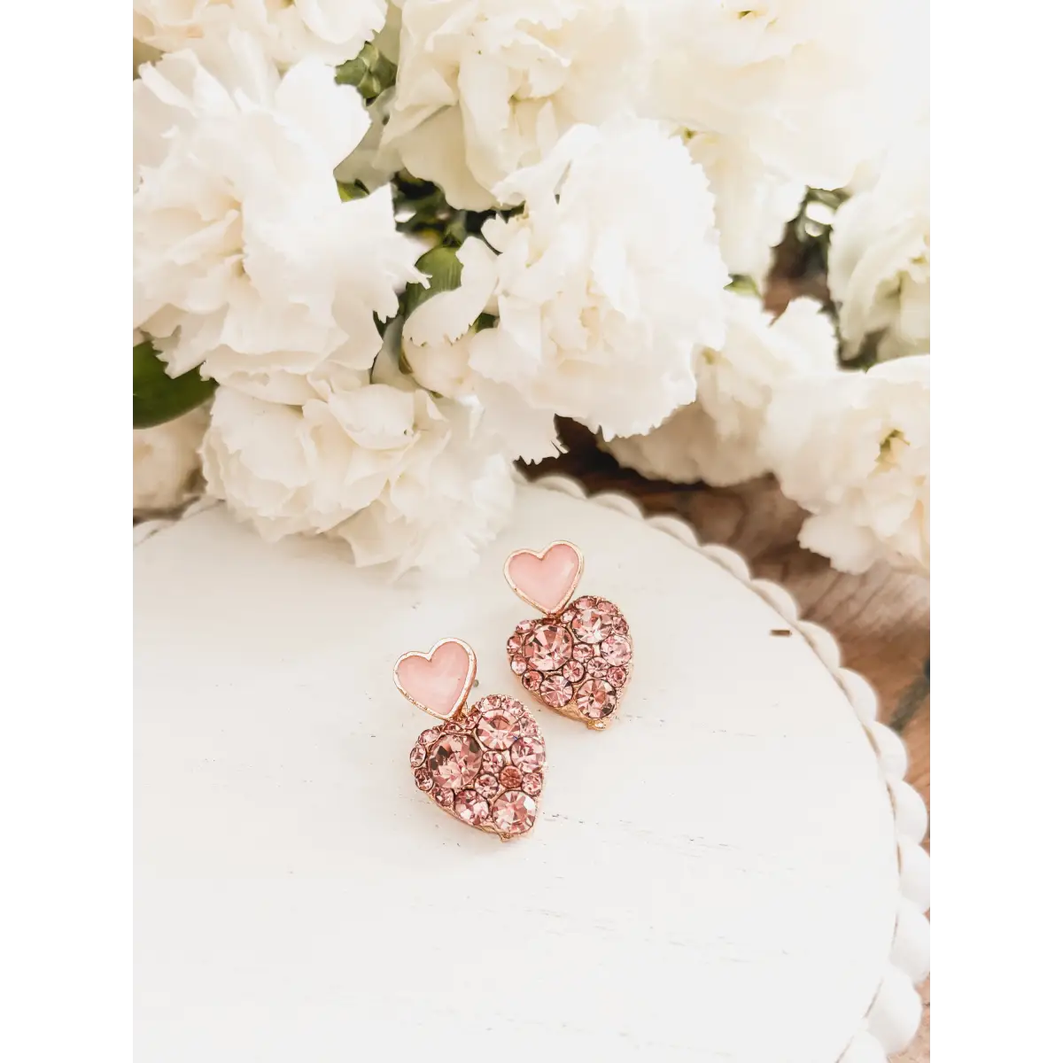 Gold and Pink Crystal Heart Earrings - Rooted Home Goods