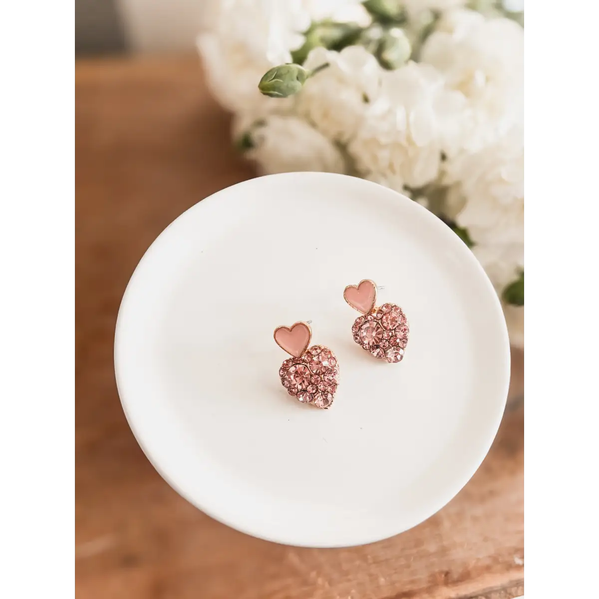 Gold and Pink Crystal Heart Earrings - Rooted Home Goods