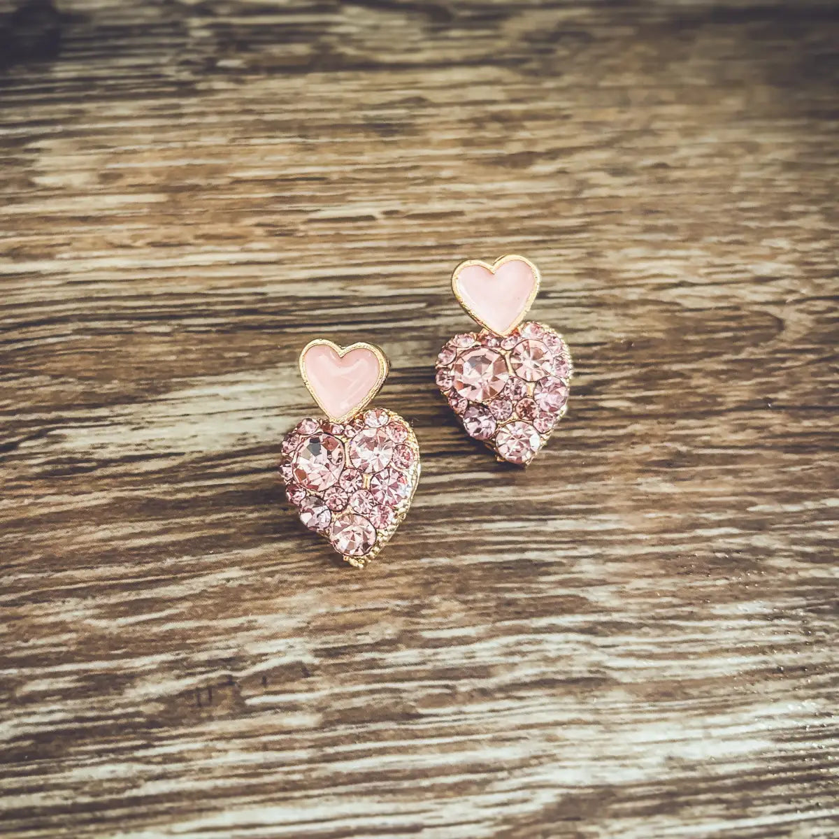 Gold and Pink Crystal Heart Earrings - Rooted Home Goods