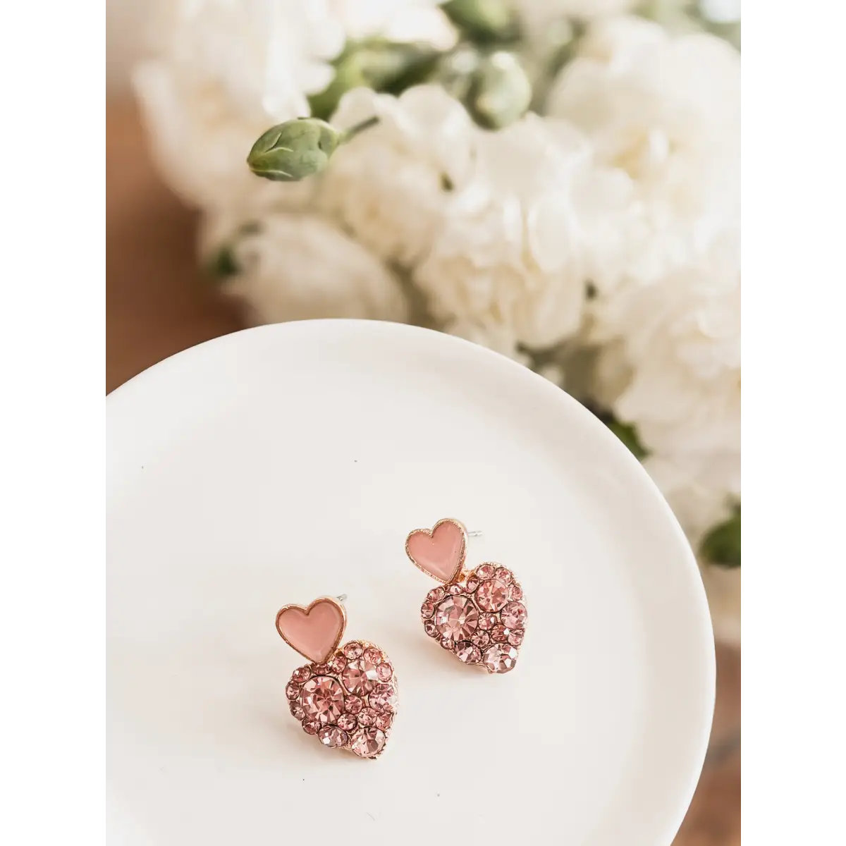 Gold and Pink Crystal Heart Earrings - Rooted Home Goods