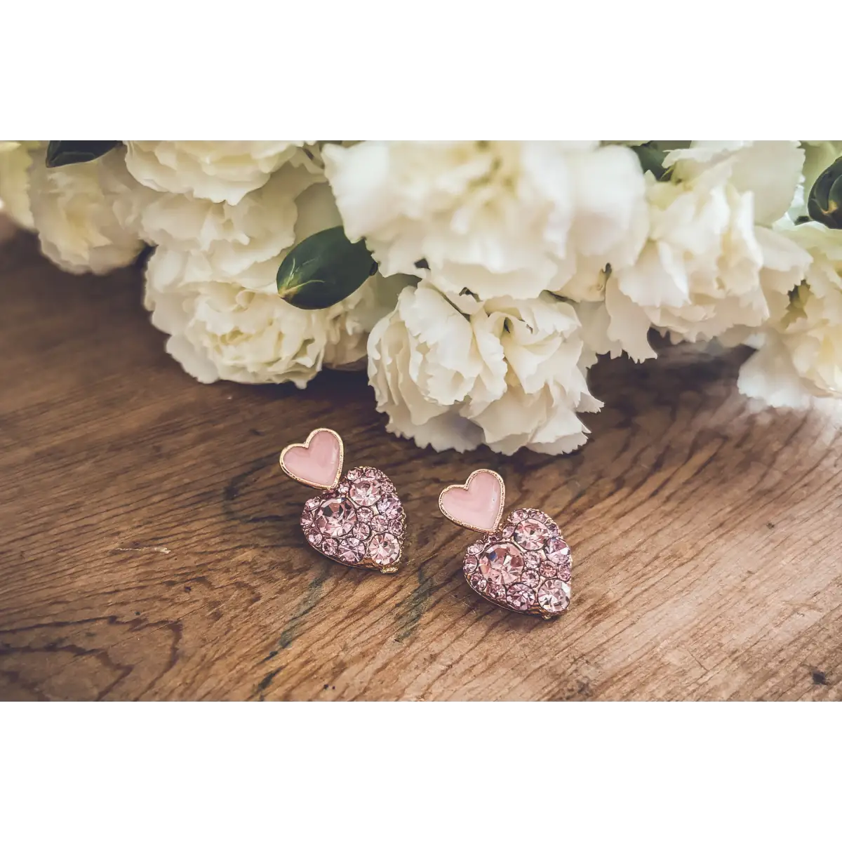 Gold and Pink Crystal Heart Earrings - Rooted Home Goods