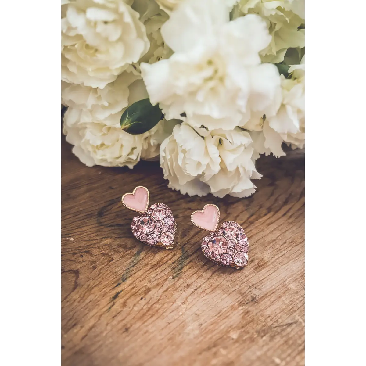 Gold and Pink Crystal Heart Earrings - Rooted Home Goods