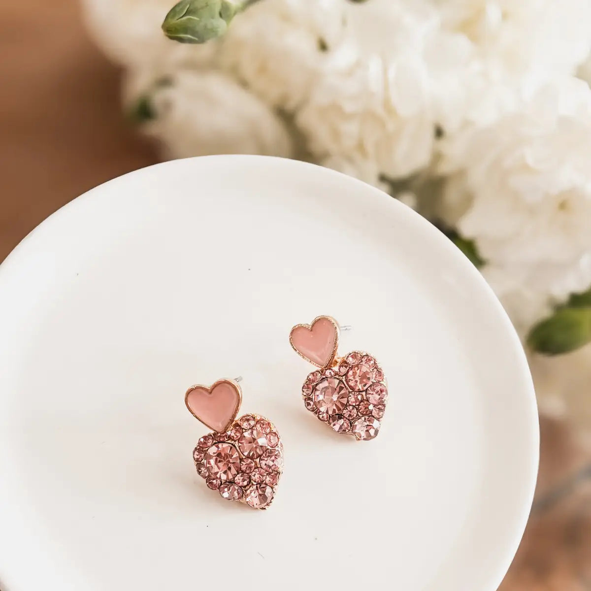 Gold and Pink Crystal Heart Earrings - Rooted Home Goods