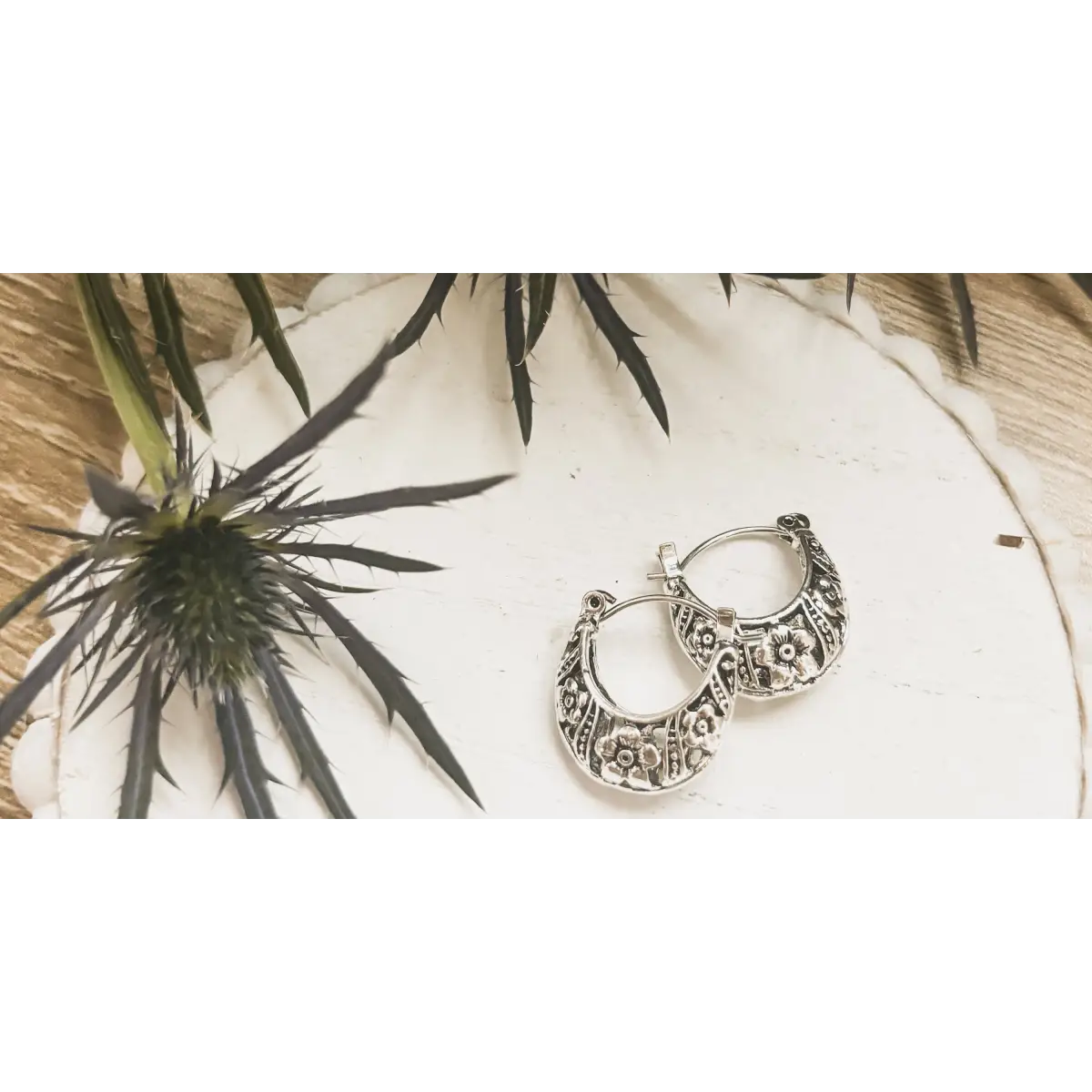 Ornate Silver Hoop Earrings - Rooted Home Goods
