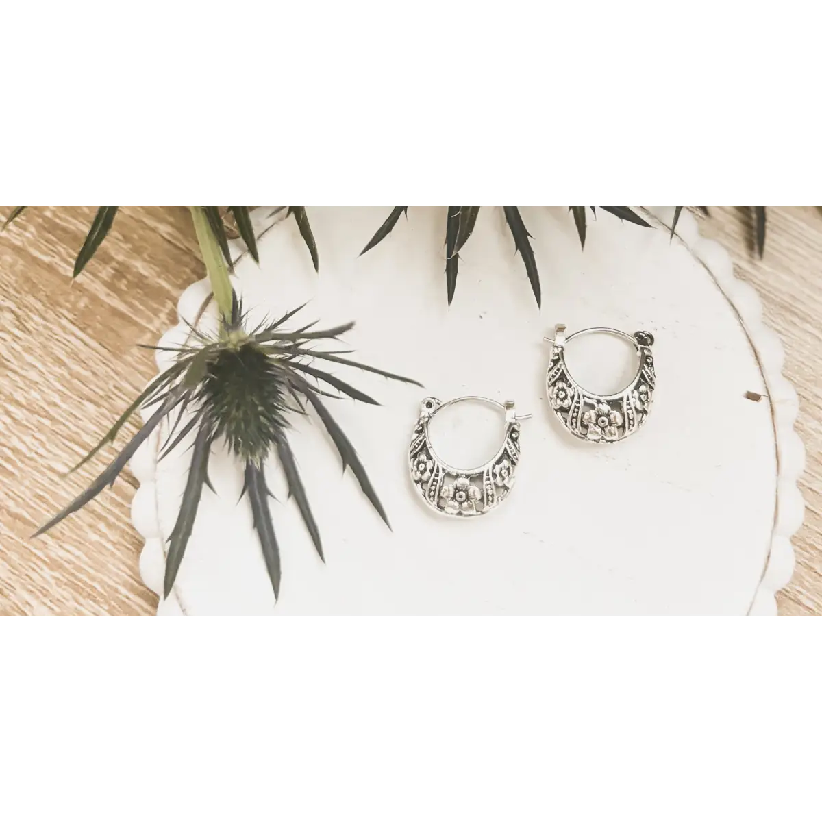 Ornate Silver Hoop Earrings - Rooted Home Goods