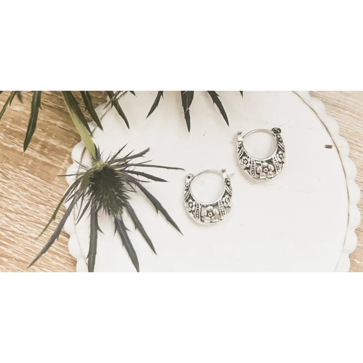 Ornate Silver Hoop Earrings - Rooted Home Goods