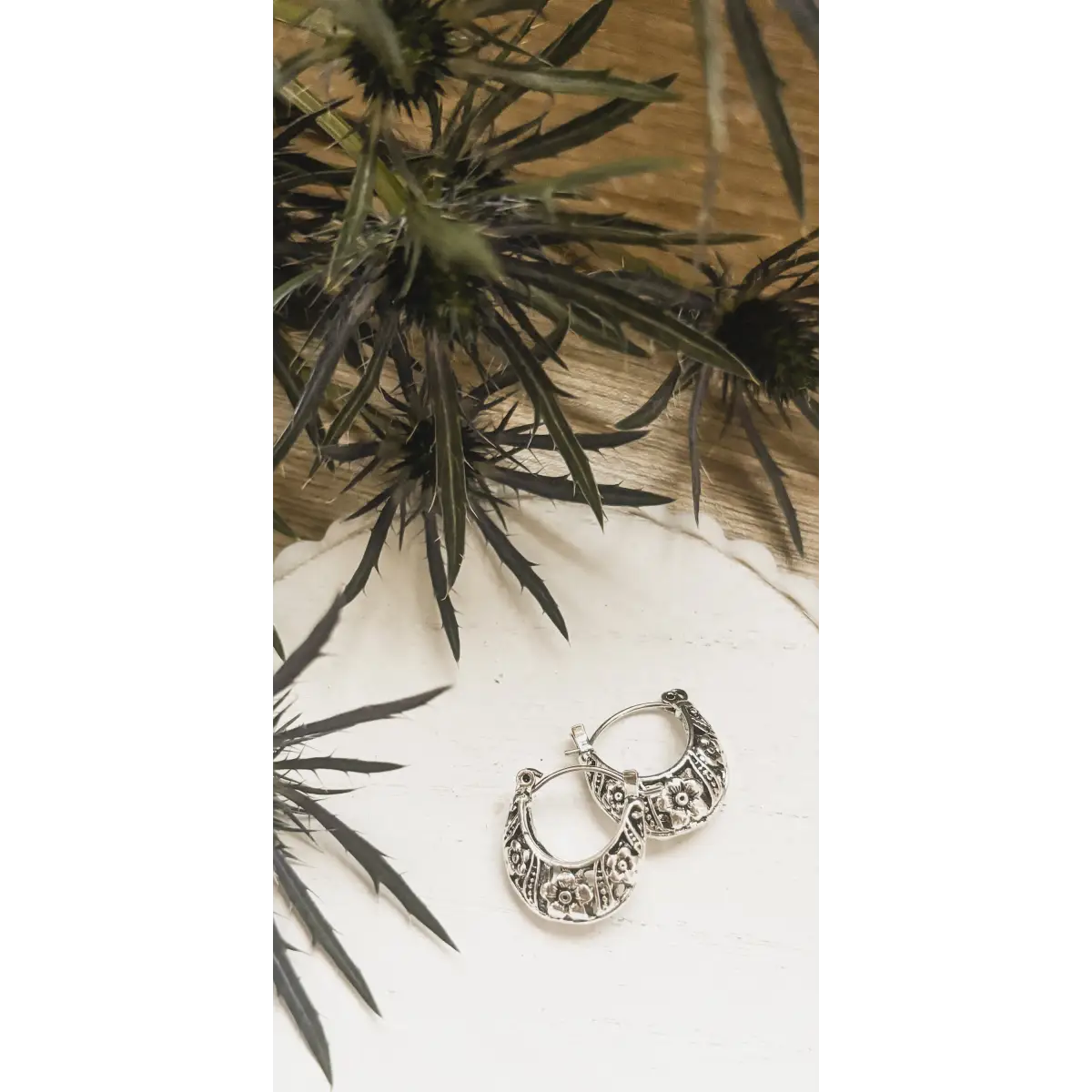 Ornate Silver Hoop Earrings - Rooted Home Goods