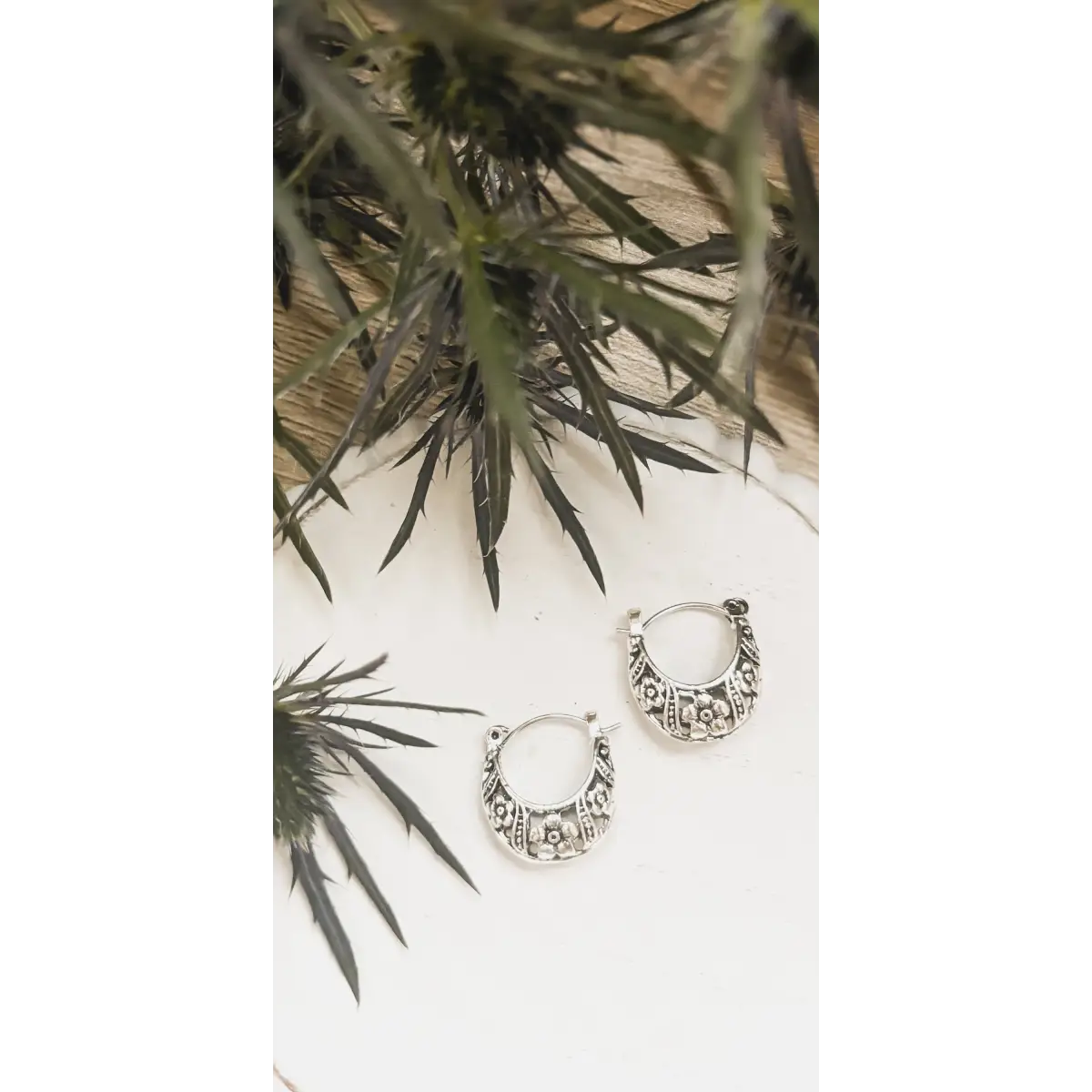 Ornate Silver Hoop Earrings - Rooted Home Goods