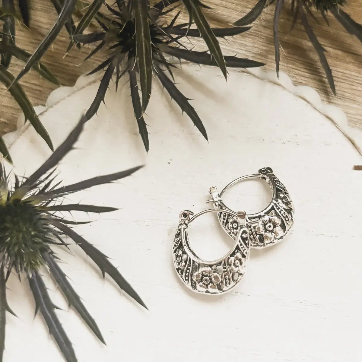Ornate Silver Hoop Earrings - Rooted Home Goods