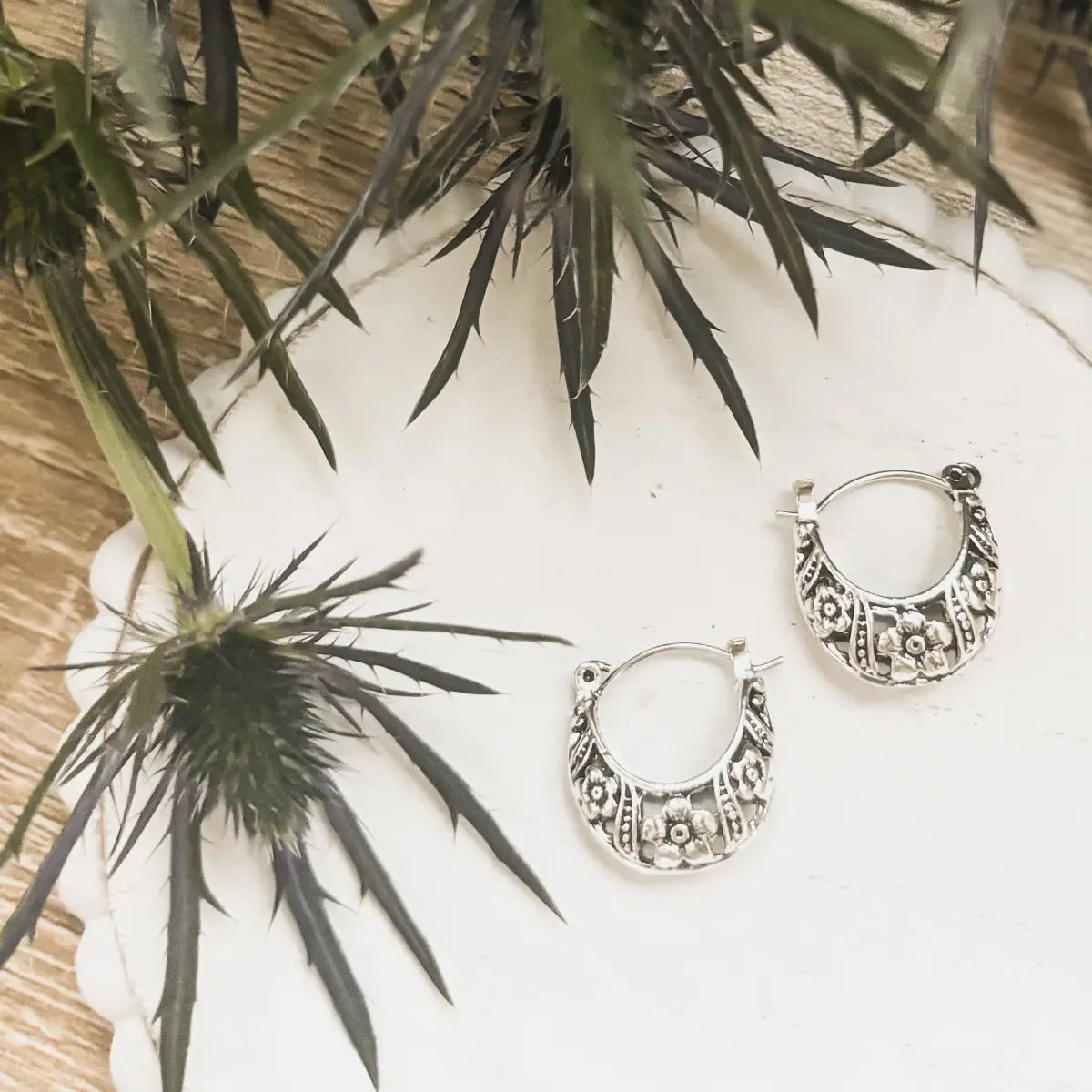 Ornate Silver Hoop Earrings - Rooted Home Goods