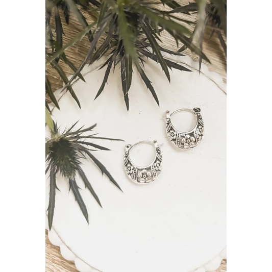 Ornate Silver Hoop Earrings - Rooted Home Goods
