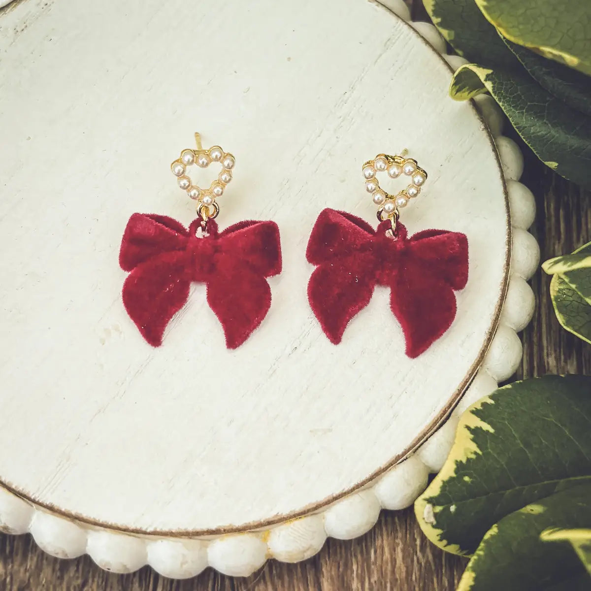 Red Bow and Heart Pearl Earrings - Rooted Home Goods