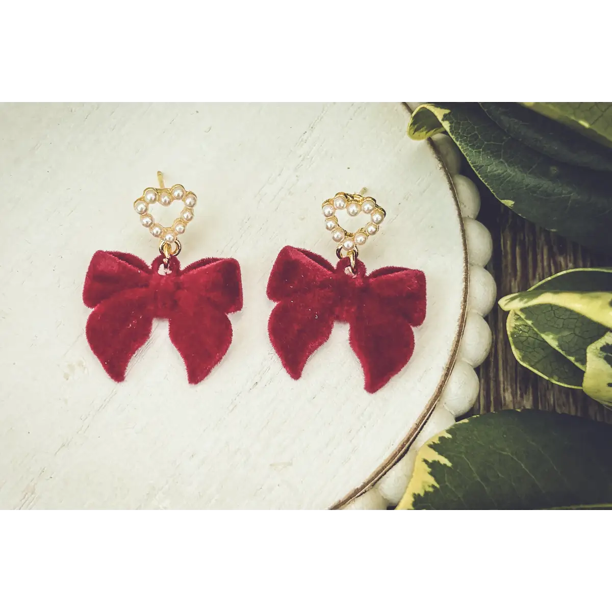 Red Bow and Heart Pearl Earrings - Rooted Home Goods