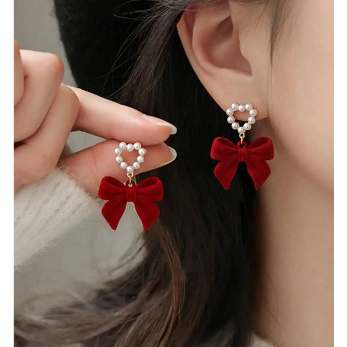 Red Bow and Heart Pearl Earrings - Rooted Home Goods