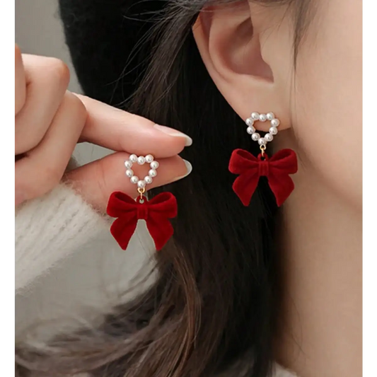 Red Bow and Heart Pearl Earrings - Rooted Home Goods