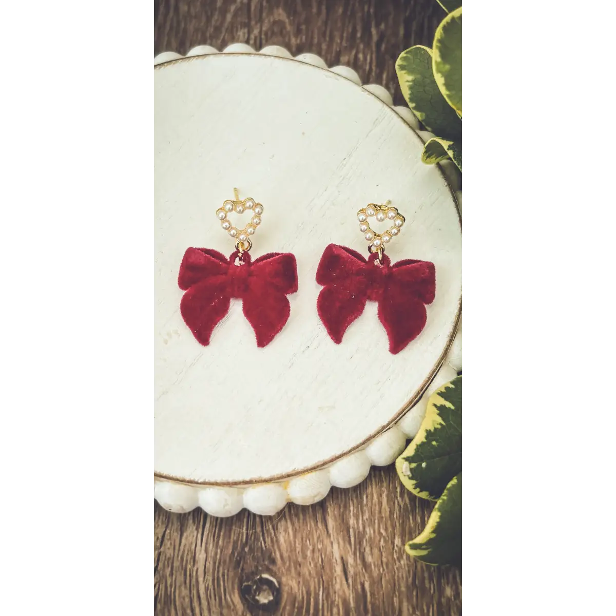 Red Bow and Heart Pearl Earrings - Rooted Home Goods