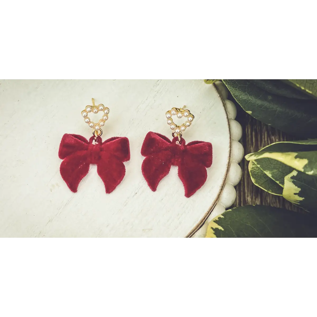 Red Bow and Heart Pearl Earrings - Rooted Home Goods