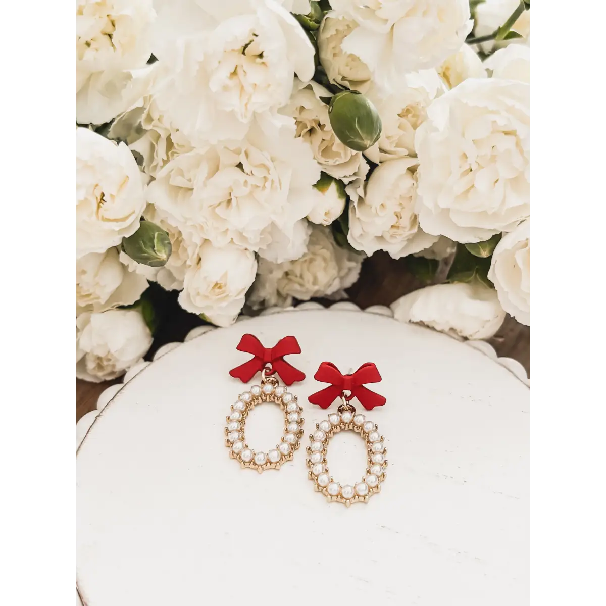 Red Bow and Pearl Earrings - Rooted Home Goods
