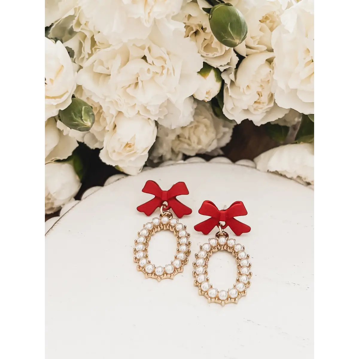 Red Bow and Pearl Earrings - Rooted Home Goods