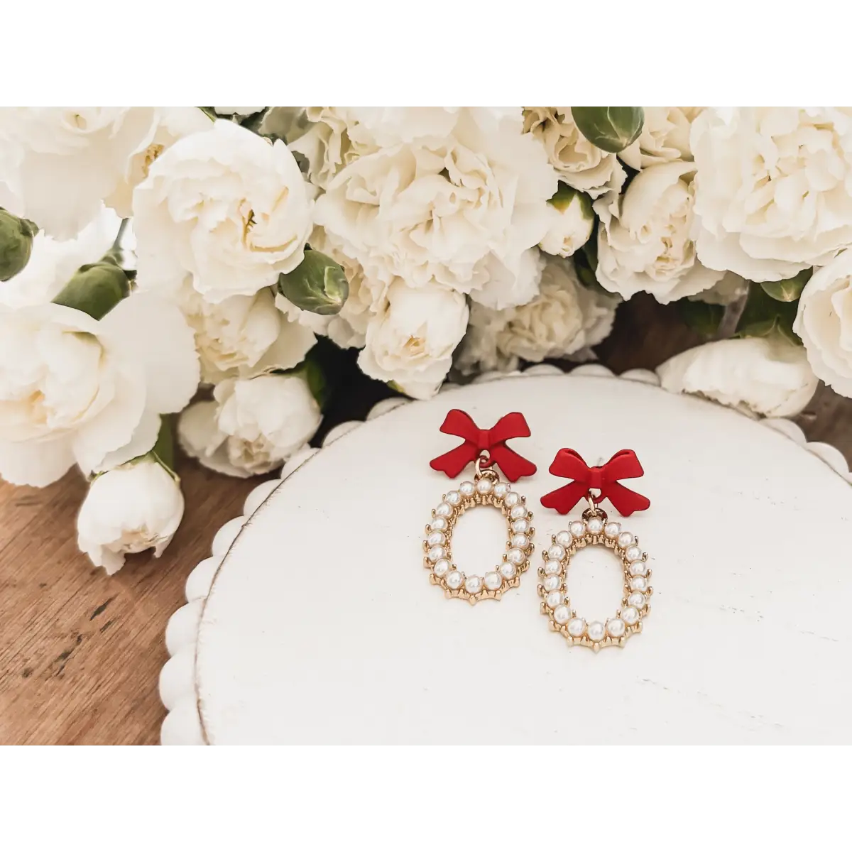 Red Bow and Pearl Earrings - Rooted Home Goods