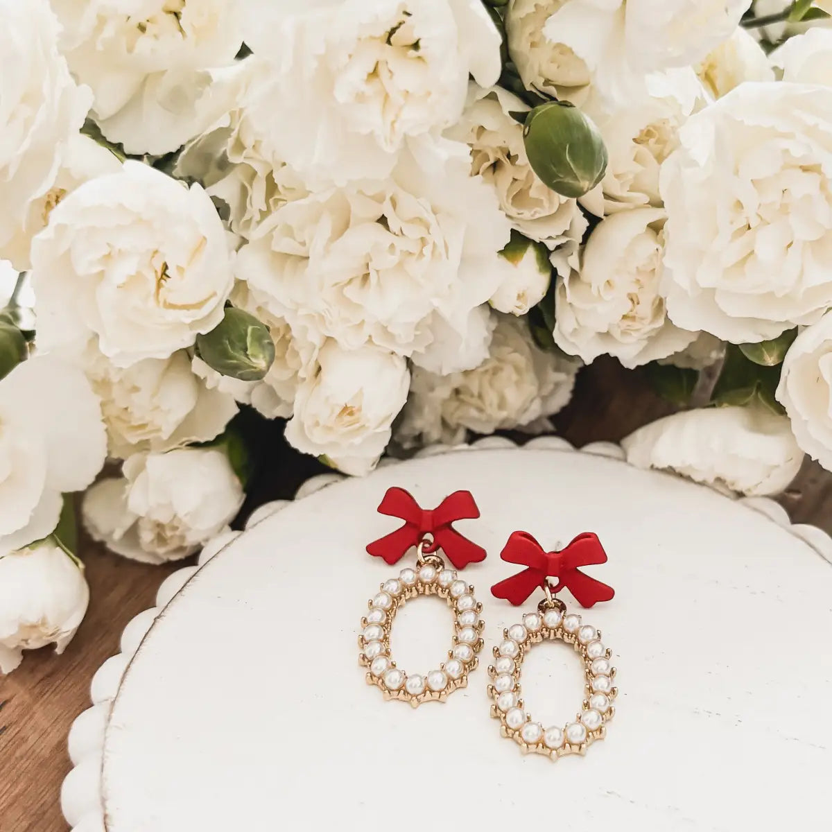 Red Bow and Pearl Earrings - Rooted Home Goods