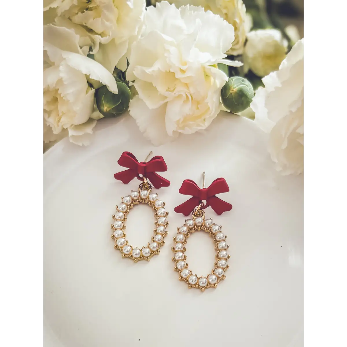 Red Bow and Pearl Earrings - Rooted Home Goods