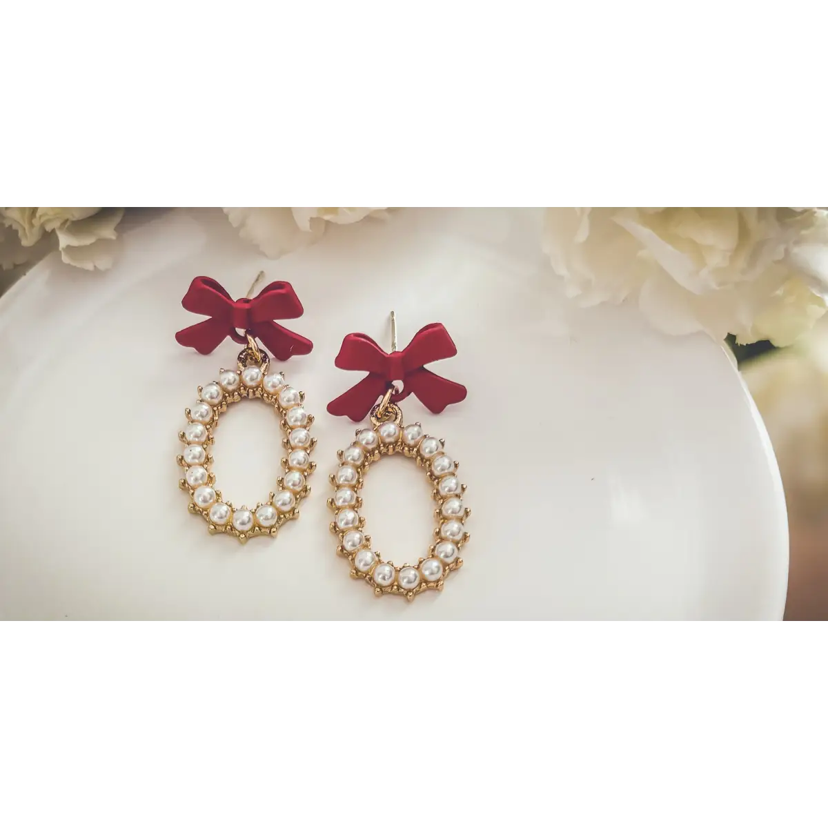 Red Bow and Pearl Earrings - Rooted Home Goods