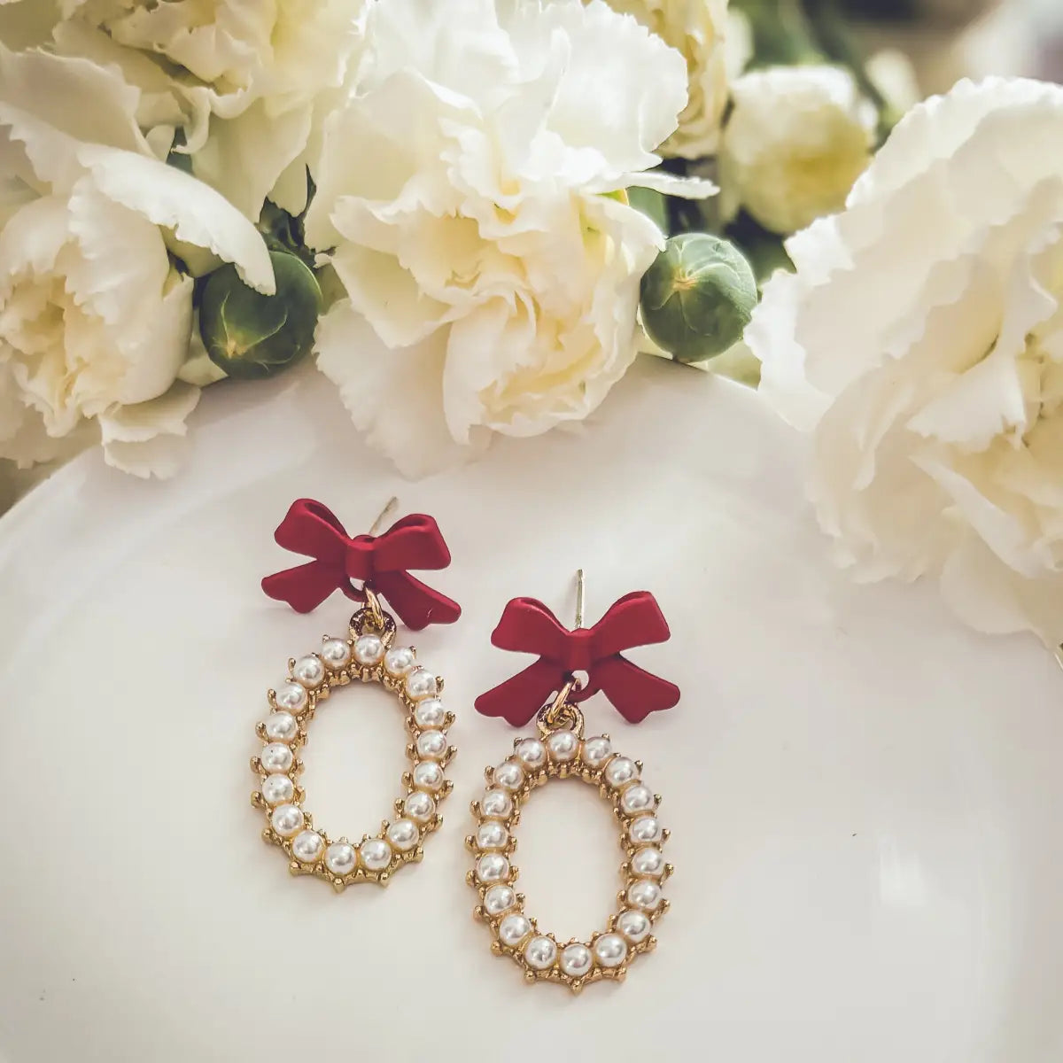 Red Bow and Pearl Earrings - Rooted Home Goods
