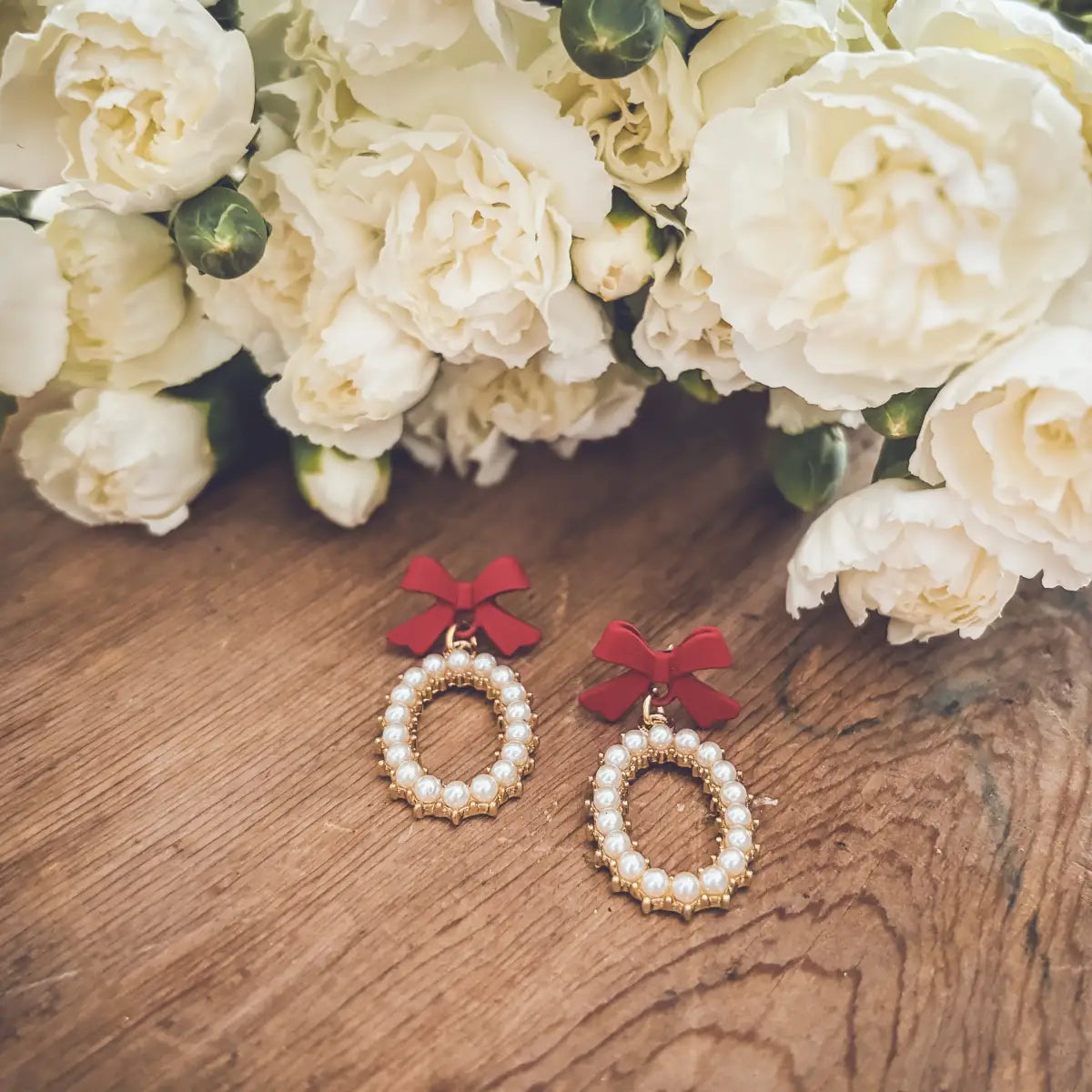 Red Bow and Pearl Earrings - Rooted Home Goods
