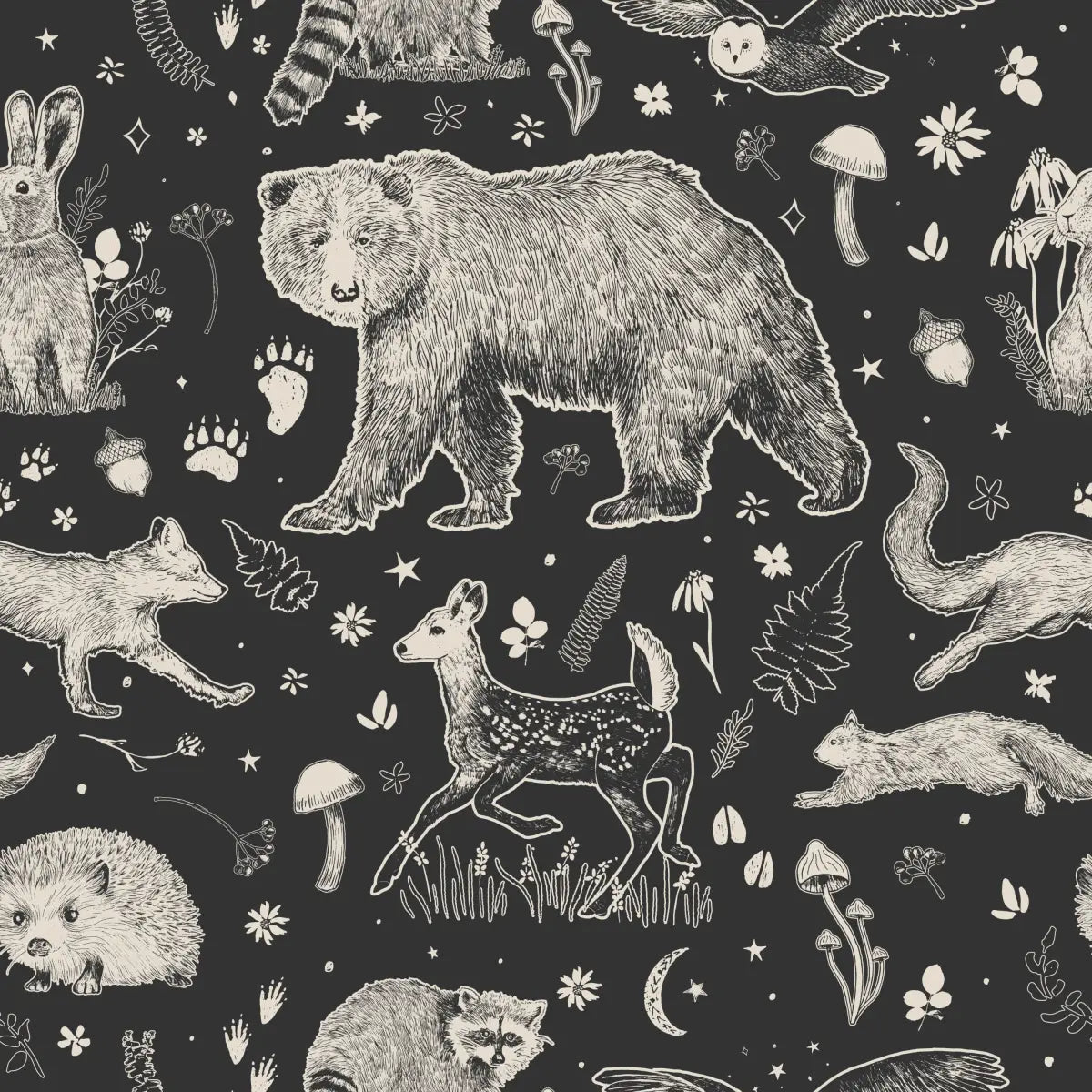 Beckett Wallpaper - Bears and Forest Animals - by Brittany Polatis Design - Sample 1 foot by 1 foot / Black - Loomwell