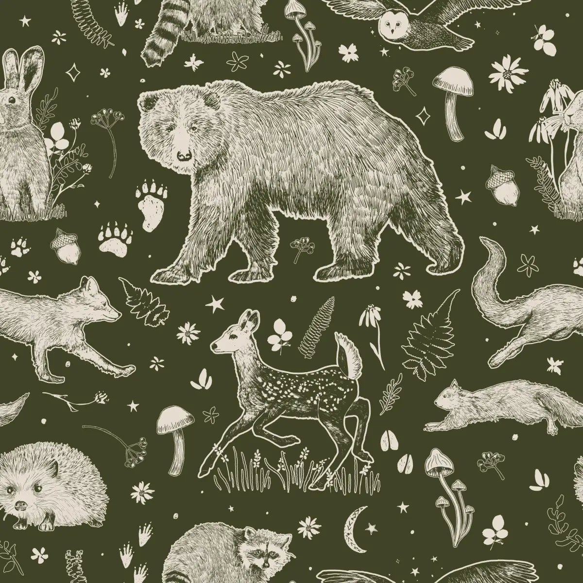 Beckett Wallpaper - Bears and Forest Animals - by Brittany Polatis Design - Sample 1 foot by 1 foot / Dark Green