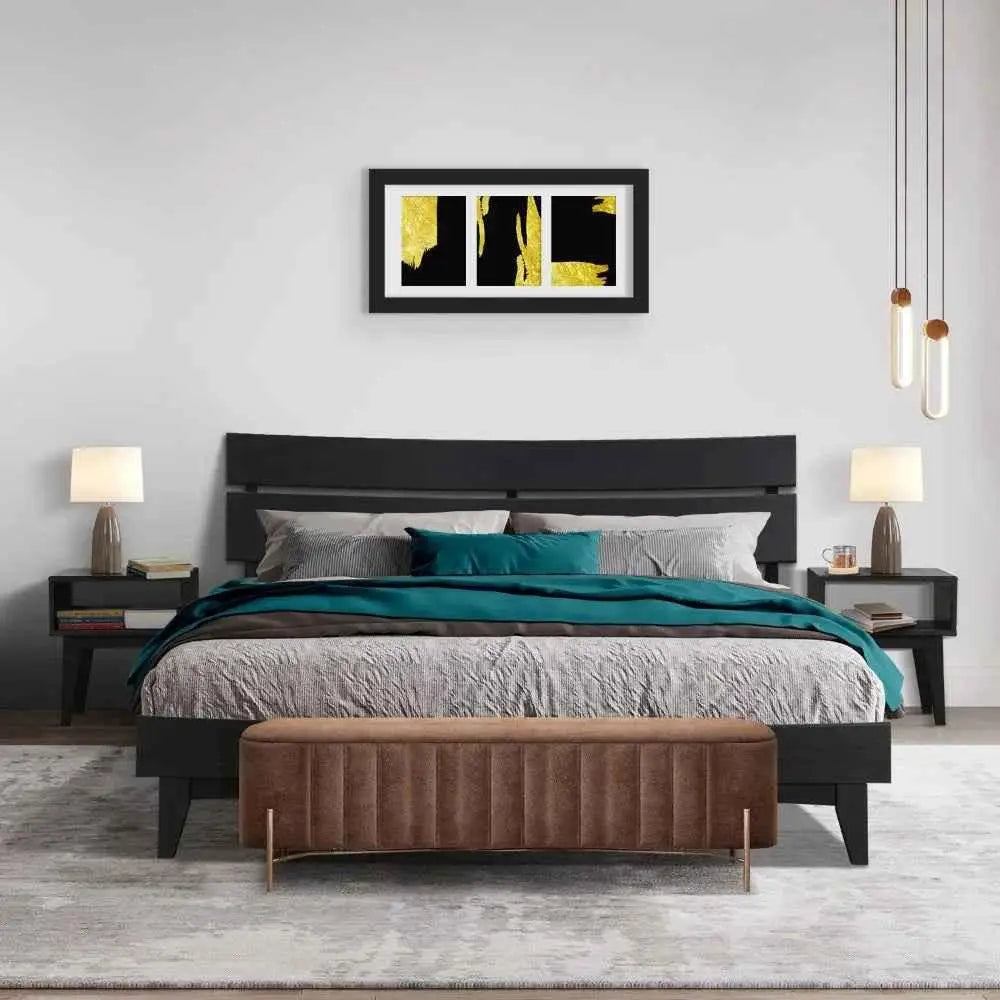 Bed Frame & Nightstand Set - Acacia Aurora - Stylish Bedroom - Black Ristretto / King - Megsu