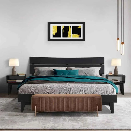 Bed Frame & Nightstand Set - Acacia Aurora - Stylish Bedroom - Black Ristretto / King - Megsu