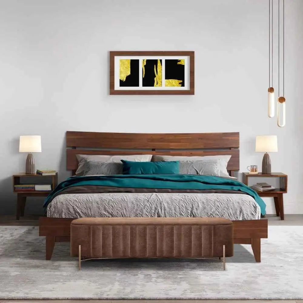 Bed Frame & Nightstand Set - Acacia Aurora - Stylish Bedroom - Walnut / King - Megsu