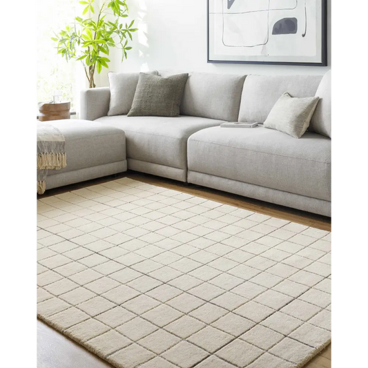 Beige Check Plaid Wool Area Rug - Boutique Rugs