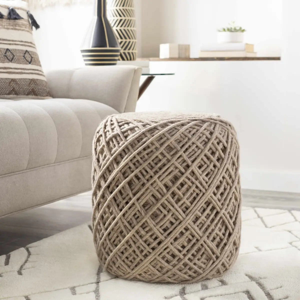 Bellingen Gray Handwoven Textured Pouf - 16’’ x 16’’ x 18’’ Cylinder - Boutique Rugs