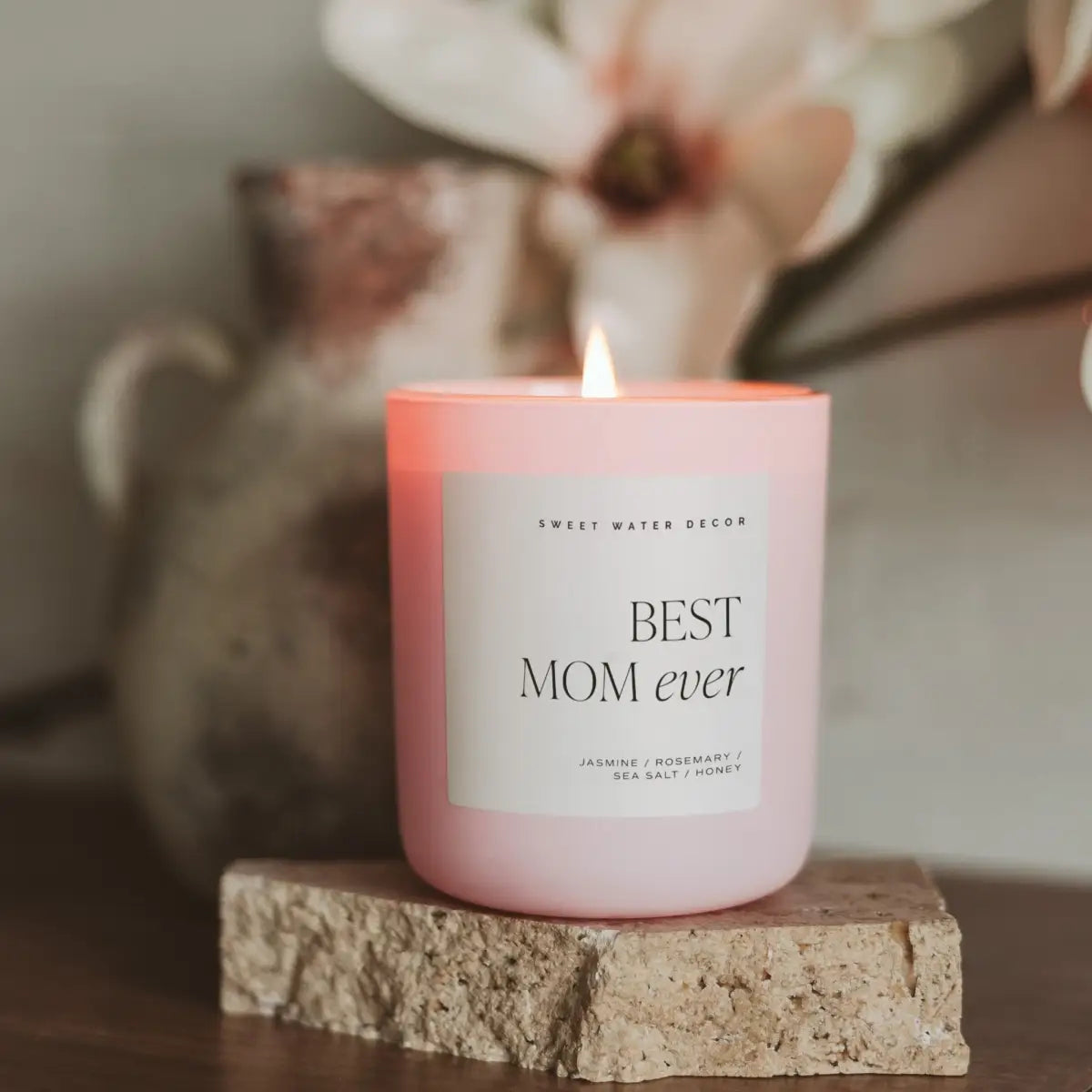 Best Mom Ever Soy Candle - Pink Matte Jar - 15 oz (Wildflowers and Salt) - Sweet Water Decor