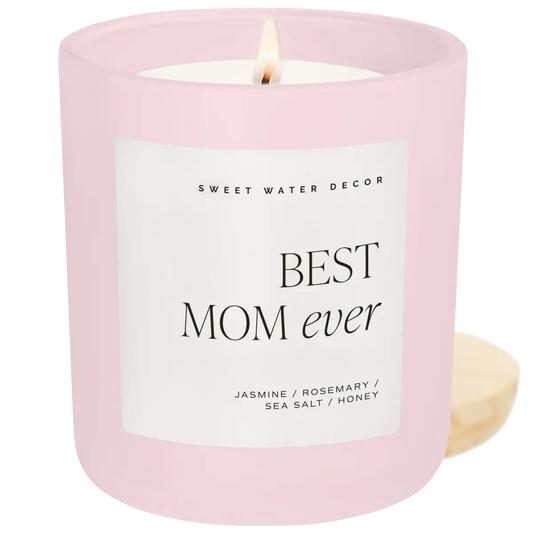 Best Mom Ever Soy Candle - Pink Matte Jar - 15 oz (Wildflowers and Salt) - Sweet Water Decor