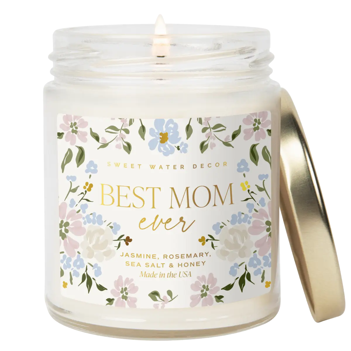 Best Mom Ever Soy Patterned Candle - Clear Jar - 9 oz (Wildflowers and Salt) - Sweet Water Decor