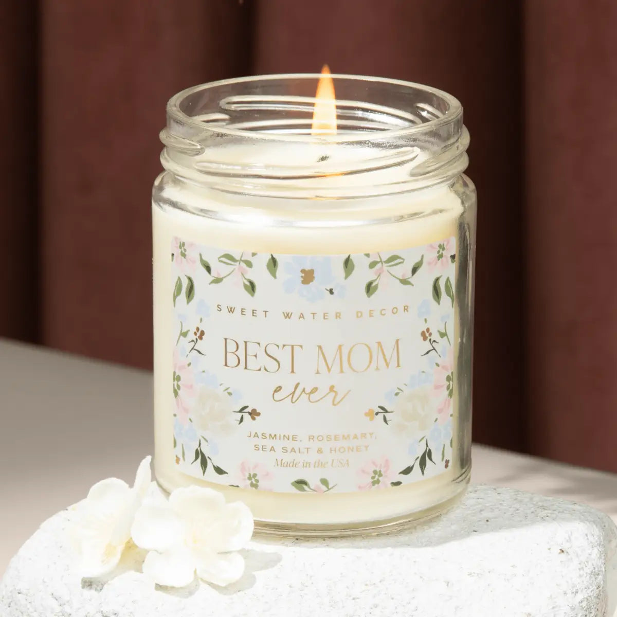 Best Mom Ever Soy Patterned Candle - Clear Jar - 9 oz (Wildflowers and Salt) - Sweet Water Decor